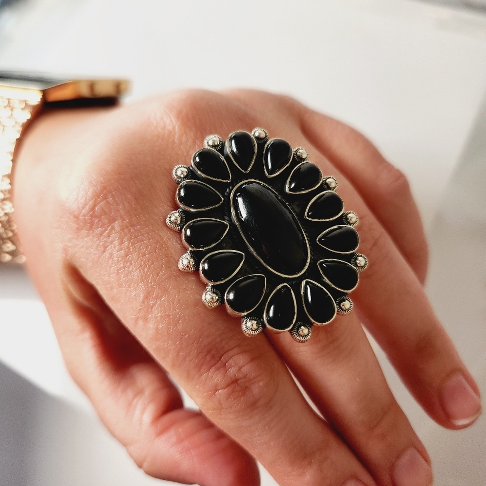 Black Onyx Solid Sterling Silver Adjuatable Ring